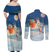 Sweden christmas Couples Matching Off Shoulder Maxi Dress and Long Sleeve Button Shirt Scandinavian Tomte and Yule Goat Christmas - Wonder Print Shop