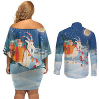 Sweden christmas Couples Matching Off Shoulder Short Dress and Long Sleeve Button Shirt Scandinavian Tomte and Yule Goat Christmas - Wonder Print Shop