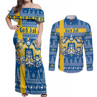 Sweden Christmas Personalized Couples Matching Off Shoulder Maxi Dress and Long Sleeve Button Shirt Dala Horse God Jul - Wonder Print Shop