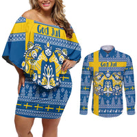Sweden Christmas Personalized Couples Matching Off Shoulder Short Dress and Long Sleeve Button Shirt Dala Horse God Jul - Wonder Print Shop