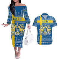 Sweden Christmas Personalized Couples Matching Off The Shoulder Long Sleeve Dress and Hawaiian Shirt Dala Horse God Jul - Wonder Print Shop