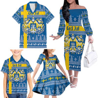 Sweden Christmas Personalized Family Matching Off The Shoulder Long Sleeve Dress and Hawaiian Shirt Dala Horse God Jul - Wonder Print Shop