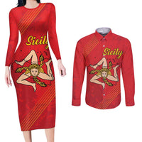 Personalized Bandiera della Sicilia Couples Matching Long Sleeve Bodycon Dress and Long Sleeve Button Shirt Sporty Style
