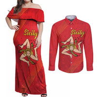 Personalized Bandiera della Sicilia Couples Matching Off Shoulder Maxi Dress and Long Sleeve Button Shirt Sporty Style