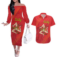 Personalized Bandiera della Sicilia Couples Matching Off The Shoulder Long Sleeve Dress and Hawaiian Shirt Sporty Style
