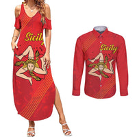 Personalized Bandiera della Sicilia Couples Matching Summer Maxi Dress and Long Sleeve Button Shirt Sporty Style