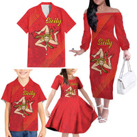 Personalized Bandiera della Sicilia Family Matching Off The Shoulder Long Sleeve Dress and Hawaiian Shirt Sporty Style
