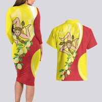 La Sicilia Couples Matching Long Sleeve Bodycon Dress and Hawaiian Shirt Bandiera della Sicilia Motif