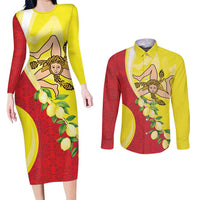 La Sicilia Couples Matching Long Sleeve Bodycon Dress and Long Sleeve Button Shirt Bandiera della Sicilia Motif