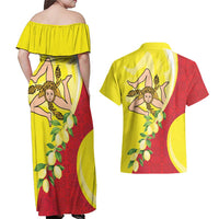 La Sicilia Couples Matching Off Shoulder Maxi Dress and Hawaiian Shirt Bandiera della Sicilia Motif