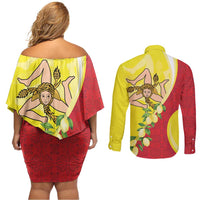 La Sicilia Couples Matching Off Shoulder Short Dress and Long Sleeve Button Shirt Bandiera della Sicilia Motif
