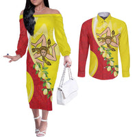 La Sicilia Couples Matching Off The Shoulder Long Sleeve Dress and Long Sleeve Button Shirt Bandiera della Sicilia Motif