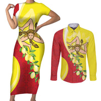 La Sicilia Couples Matching Short Sleeve Bodycon Dress and Long Sleeve Button Shirt Bandiera della Sicilia Motif