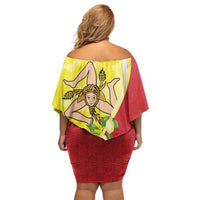 La Sicilia Off Shoulder Short Dress Bandiera della Sicilia Motif