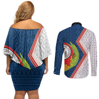 Cape Verde Couples Matching Off Shoulder Short Dress and Long Sleeve Button Shirt Verde Coat Of Arms And Pattern - Wonder Print Shop