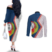 Cape Verde Couples Matching Off The Shoulder Long Sleeve Dress and Long Sleeve Button Shirt Verde Coat Of Arms And Pattern