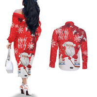 Canada Christmas Couples Matching Off The Shoulder Long Sleeve Dress and Long Sleeve Button Shirt Santa Play Hockey - Winter Forest