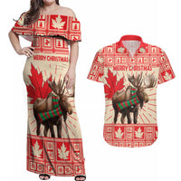 Personalized Canada Moose Couples Matching Off Shoulder Maxi Dress and Hawaiian Shirt Maple Leaf Christmas Lightning Art - Wonder Print Shop