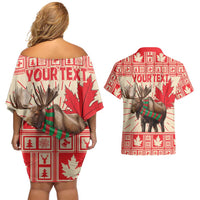 Personalized Canada Moose Couples Matching Off Shoulder Short Dress and Hawaiian Shirt Maple Leaf Christmas Lightning Art - Wonder Print Shop