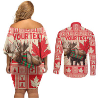 Personalized Canada Moose Couples Matching Off Shoulder Short Dress and Long Sleeve Button Shirt Maple Leaf Christmas Lightning Art - Wonder Print Shop