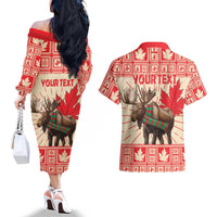 Personalized Canada Moose Couples Matching Off The Shoulder Long Sleeve Dress and Hawaiian Shirt Maple Leaf Christmas Lightning Art - Wonder Print Shop