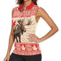 Personalized Canada Moose Women Sleeveless Polo Shirt Maple Leaf Christmas Lightning Art - Wonder Print Shop