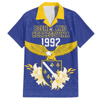 Personalized Bosnia and Herzegovina Independence Day Family Matching Off The Shoulder Long Sleeve Dress and Hawaiian Shirt Golden Eagle With Lilium Bosniacum