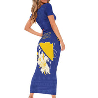 Personalized Bosnia and Herzegovina Independence Day Short Sleeve Bodycon Dress Golden Eagle With Lilium Bosniacum - Wonder Print Shop
