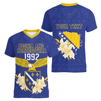 Personalized Bosnia and Herzegovina Independence Day Women V-Neck T-Shirt Golden Eagle With Lilium Bosniacum - Wonder Print Shop