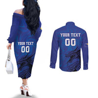 Custom Bosnia and Herzegovina Football Couples Matching Off The Shoulder Long Sleeve Dress and Long Sleeve Button Shirt The Dragons Go Champions