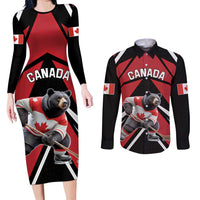 Custom Canada Hockey Couples Matching Long Sleeve Bodycon Dress and Long Sleeve Button Shirt Black Bear Playing Ice Hockey
