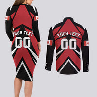 Custom Canada Hockey Couples Matching Long Sleeve Bodycon Dress and Long Sleeve Button Shirt Black Bear Playing Ice Hockey