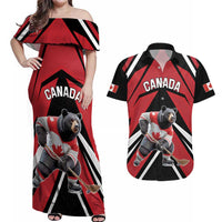 Custom Canada Hockey Couples Matching Off Shoulder Maxi Dress and Hawaiian Shirt Black Bear Playing Ice Hockey