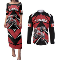Custom Canada Hockey Couples Matching Puletasi and Long Sleeve Button Shirt Black Bear Playing Ice Hockey