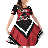 Custom Canada Hockey Family Matching Off Shoulder Short Dress and Hawaiian Shirt Black Bear Playing Ice Hockey