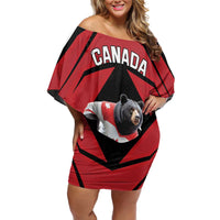 Custom Canada Hockey Family Matching Off Shoulder Short Dress and Hawaiian Shirt Black Bear Playing Ice Hockey