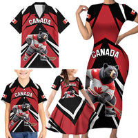 Custom Canada Hockey Family Matching Short Sleeve Bodycon Dress and Hawaiian Shirt Black Bear Playing Ice Hockey