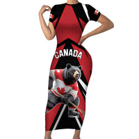 Custom Canada Hockey Family Matching Short Sleeve Bodycon Dress and Hawaiian Shirt Black Bear Playing Ice Hockey