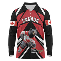 Custom Canada Hockey Long Sleeve Polo Shirt Black Bear Playing Ice Hockey