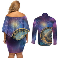 Czech Republic Astronomical Clock Couples Matching Off Shoulder Short Dress and Long Sleeve Button Shirt Zodiac Signs In Space - Wonder Print Shop