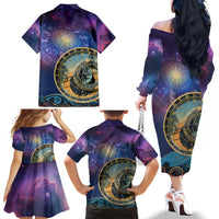 Czech Republic Astronomical Clock Family Matching Off The Shoulder Long Sleeve Dress and Hawaiian Shirt Zodiac Signs In Space - Wonder Print Shop