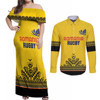 Custom Romania Rugby Couples Matching Off Shoulder Maxi Dress and Long Sleeve Button Shirt Yellow Version Retro Style