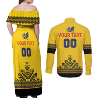 Custom Romania Rugby Couples Matching Off Shoulder Maxi Dress and Long Sleeve Button Shirt Yellow Version Retro Style