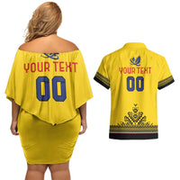 Custom Romania Rugby Couples Matching Off Shoulder Short Dress and Hawaiian Shirt Yellow Version Retro Style