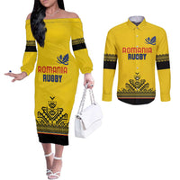 Custom Romania Rugby Couples Matching Off The Shoulder Long Sleeve Dress and Long Sleeve Button Shirt Yellow Version Retro Style