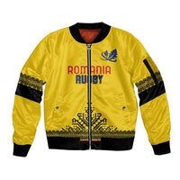 Custom Romania Rugby Sleeve Zip Bomber Jacket Yellow Version Retro Style - Wonder Print Shop