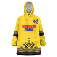 Custom Romania Rugby Wearable Blanket Hoodie Yellow Version Retro Style - Wonder Print Shop