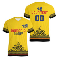 Custom Romania Rugby Women V-Neck T-Shirt Yellow Version Retro Style - Wonder Print Shop
