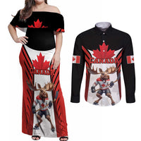 Custom Canada Hockey Couples Matching Off Shoulder Maxi Dress and Long Sleeve Button Shirt Moose Playing Ice Hockey