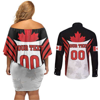 Custom Canada Hockey Couples Matching Off Shoulder Short Dress and Long Sleeve Button Shirt Moose Playing Ice Hockey